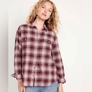 Old Navy The Boyfriend Burgandy & White Flannel Shirt Women’s Medium
